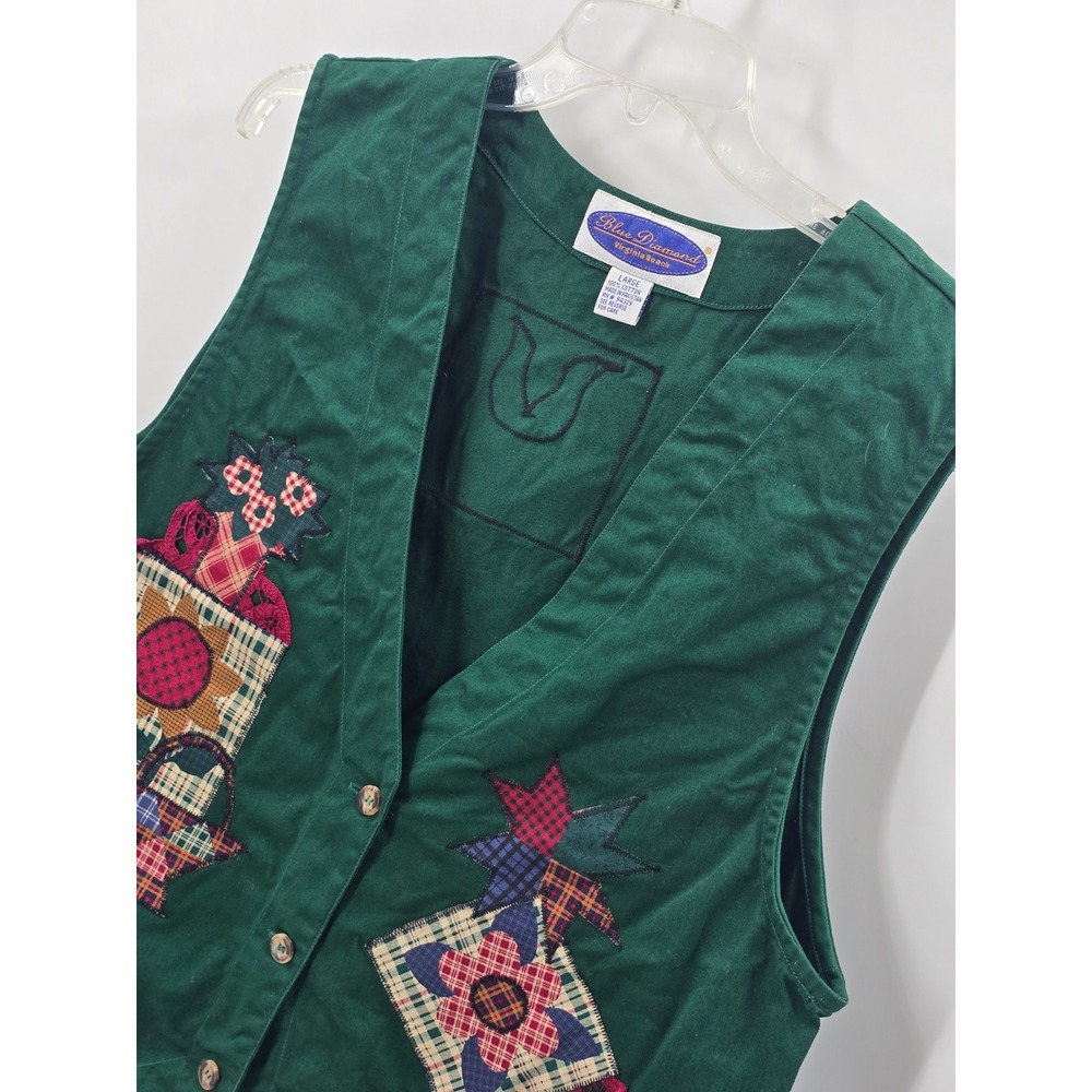 VINTAGE! Blue Diamond Virginia Beach Vest Womens L Green Patchwork Sunflower